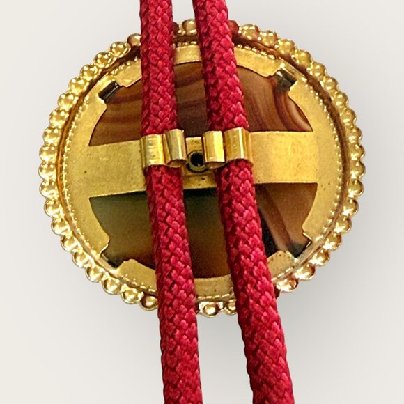 Western Bolo Tie Brown Stone Red Cord Gold-Tone Tips Southwestern - Picture 3 of 5